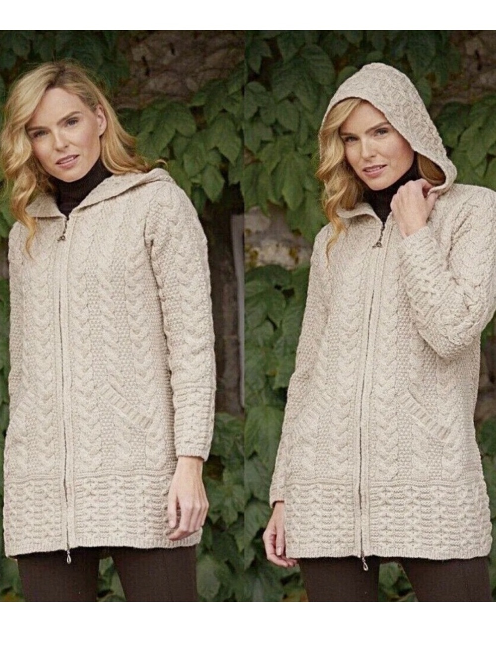 Inis Crafts Ireland Merino Wool tan Fisherman Zip Front Hooded Cardigan Sweater